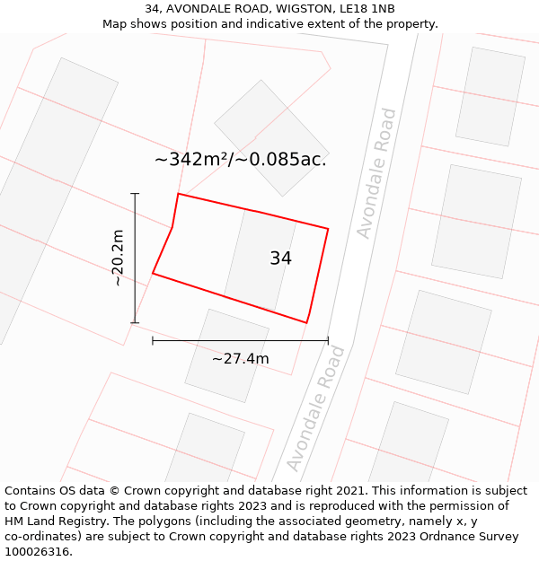 34, AVONDALE ROAD, WIGSTON, LE18 1NB: Plot and title map