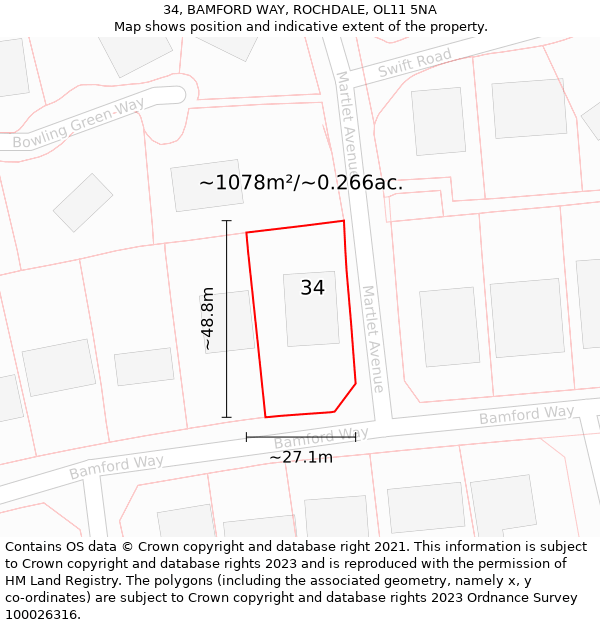 34, BAMFORD WAY, ROCHDALE, OL11 5NA: Plot and title map