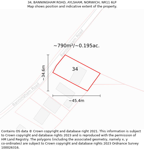 34, BANNINGHAM ROAD, AYLSHAM, NORWICH, NR11 6LP: Plot and title map