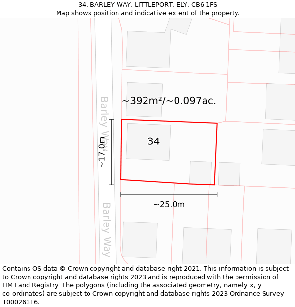 34, BARLEY WAY, LITTLEPORT, ELY, CB6 1FS: Plot and title map