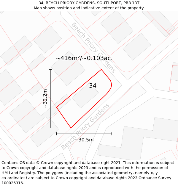 34, BEACH PRIORY GARDENS, SOUTHPORT, PR8 1RT: Plot and title map