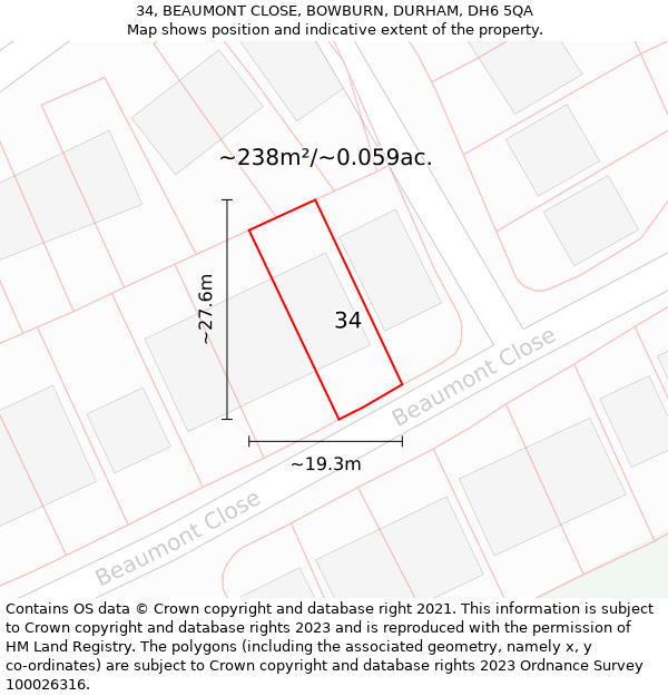 34, BEAUMONT CLOSE, BOWBURN, DURHAM, DH6 5QA: Plot and title map