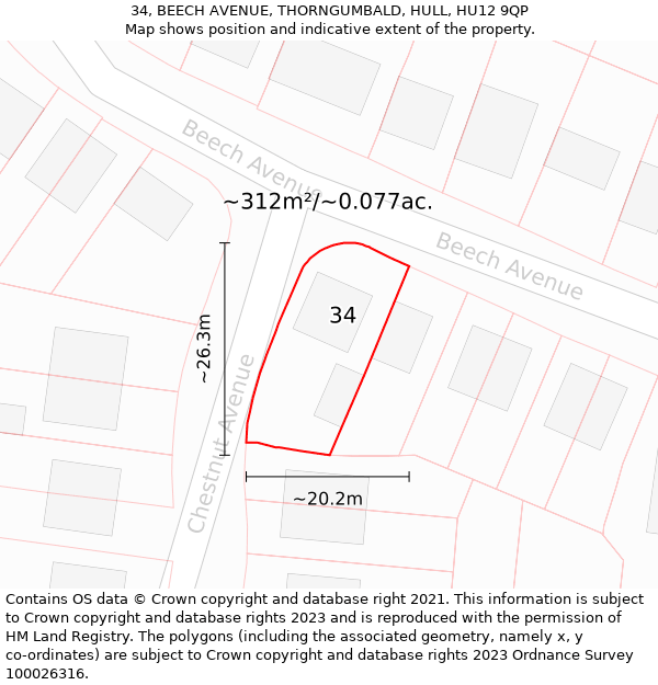 34, BEECH AVENUE, THORNGUMBALD, HULL, HU12 9QP: Plot and title map