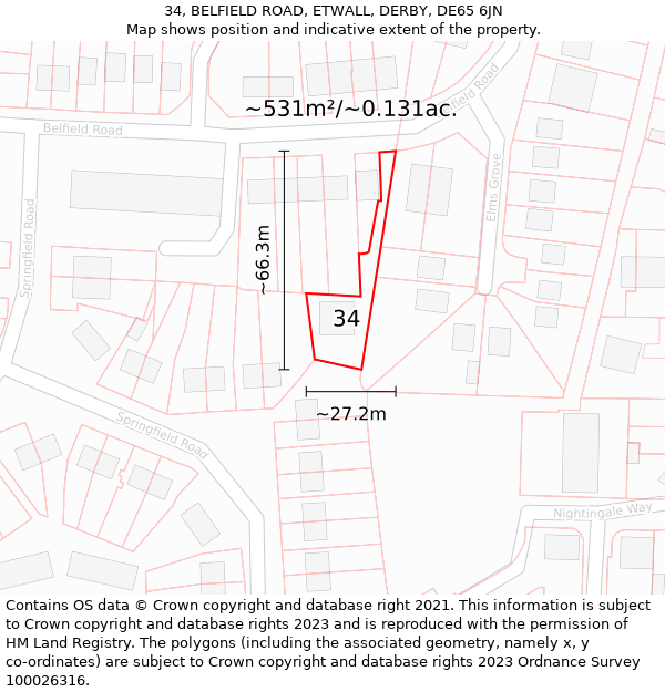 34, BELFIELD ROAD, ETWALL, DERBY, DE65 6JN: Plot and title map