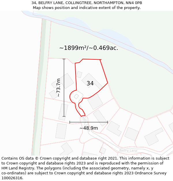 34, BELFRY LANE, COLLINGTREE, NORTHAMPTON, NN4 0PB: Plot and title map