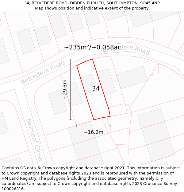 34, BELVEDERE ROAD, DIBDEN PURLIEU, SOUTHAMPTON, SO45 4NP: Plot and title map