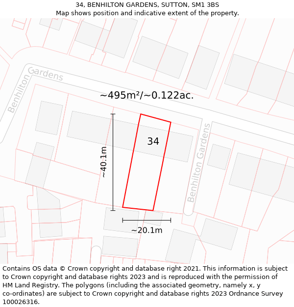 34, BENHILTON GARDENS, SUTTON, SM1 3BS: Plot and title map