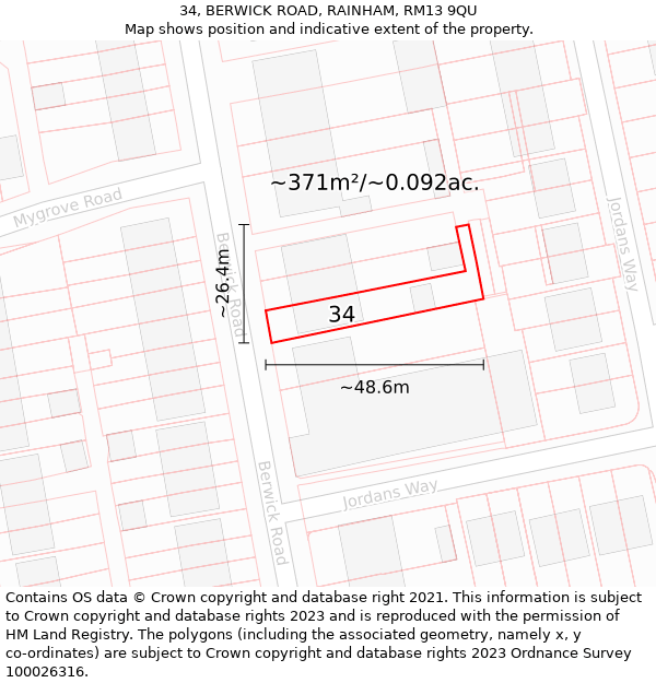 34, BERWICK ROAD, RAINHAM, RM13 9QU: Plot and title map