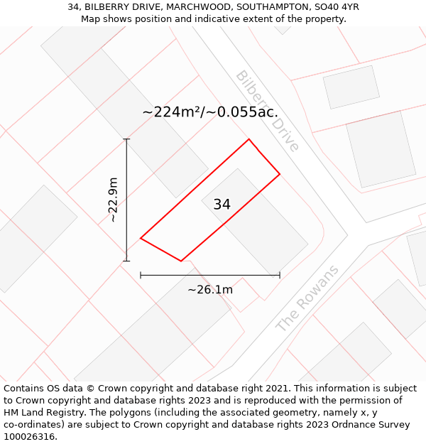 34, BILBERRY DRIVE, MARCHWOOD, SOUTHAMPTON, SO40 4YR: Plot and title map