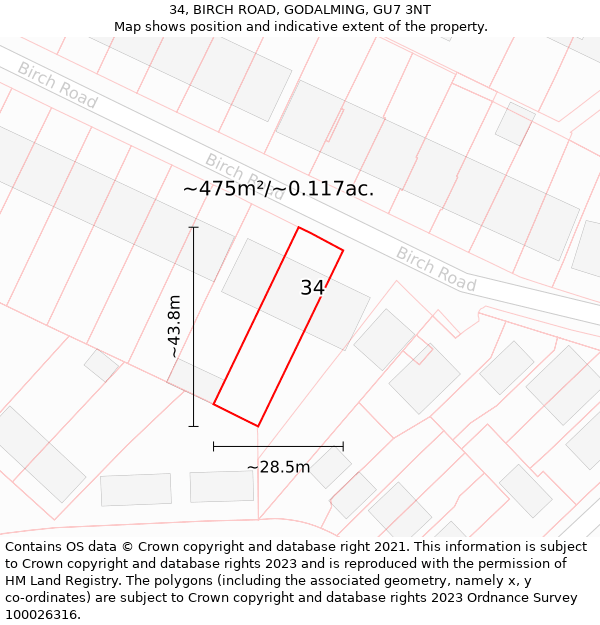 34, BIRCH ROAD, GODALMING, GU7 3NT: Plot and title map