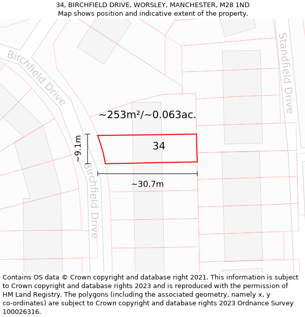 34, BIRCHFIELD DRIVE, WORSLEY, MANCHESTER, M28 1ND: Plot and title map