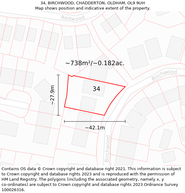 34, BIRCHWOOD, CHADDERTON, OLDHAM, OL9 9UH: Plot and title map