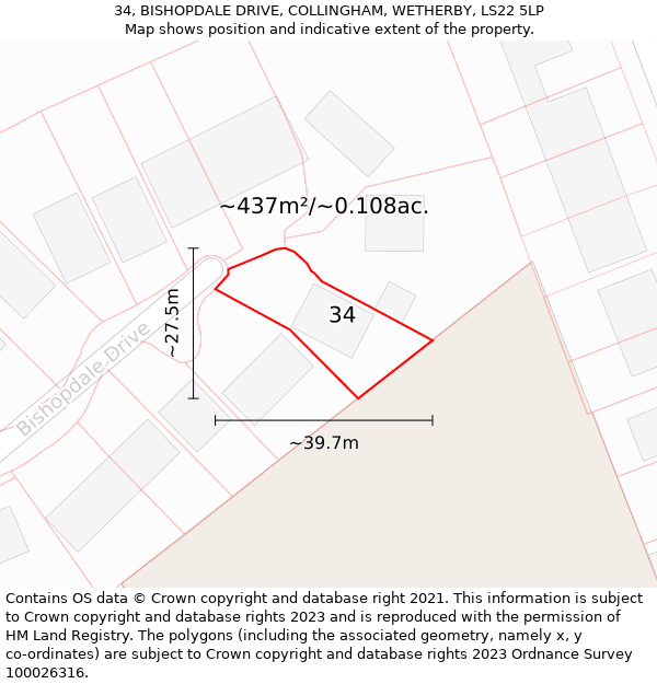 34, BISHOPDALE DRIVE, COLLINGHAM, WETHERBY, LS22 5LP: Plot and title map