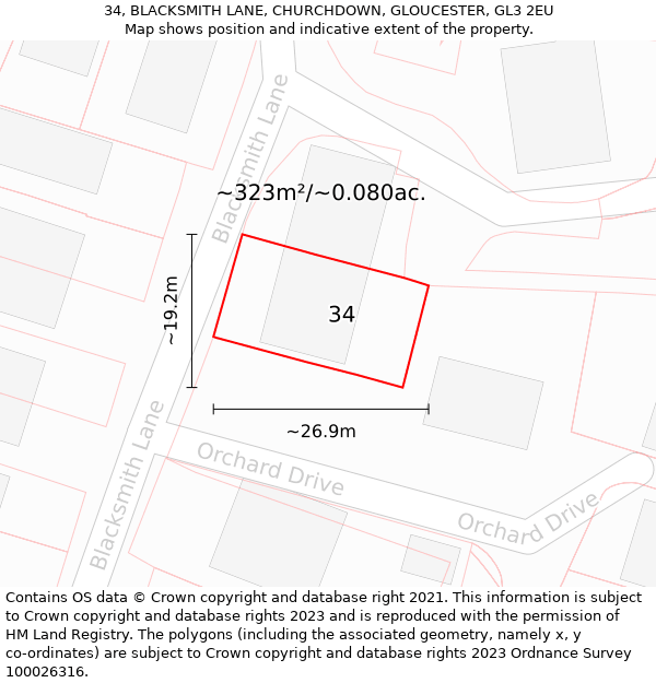 34, BLACKSMITH LANE, CHURCHDOWN, GLOUCESTER, GL3 2EU: Plot and title map