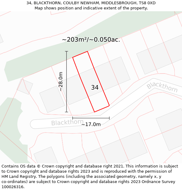 34, BLACKTHORN, COULBY NEWHAM, MIDDLESBROUGH, TS8 0XD: Plot and title map