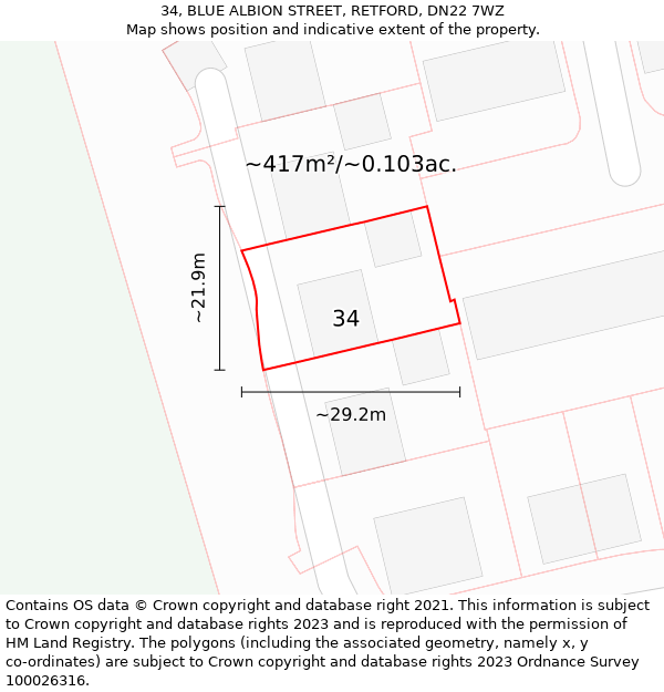 34, BLUE ALBION STREET, RETFORD, DN22 7WZ: Plot and title map