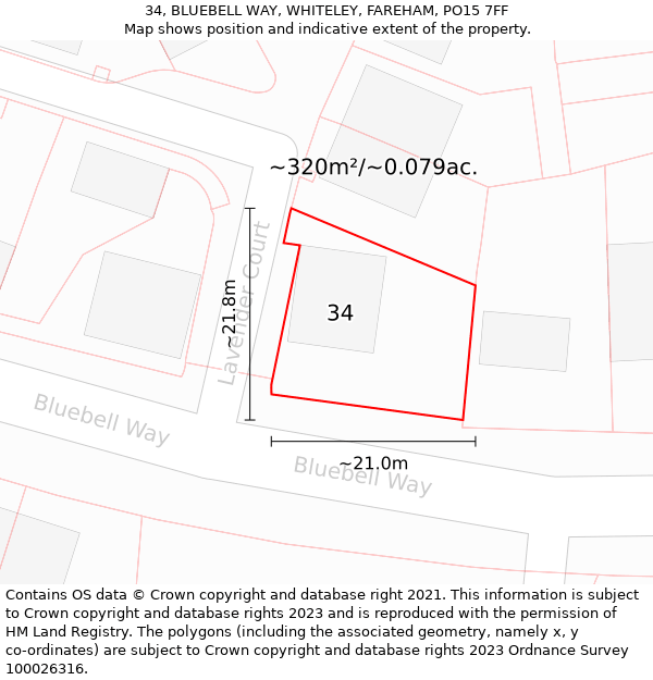 34, BLUEBELL WAY, WHITELEY, FAREHAM, PO15 7FF: Plot and title map