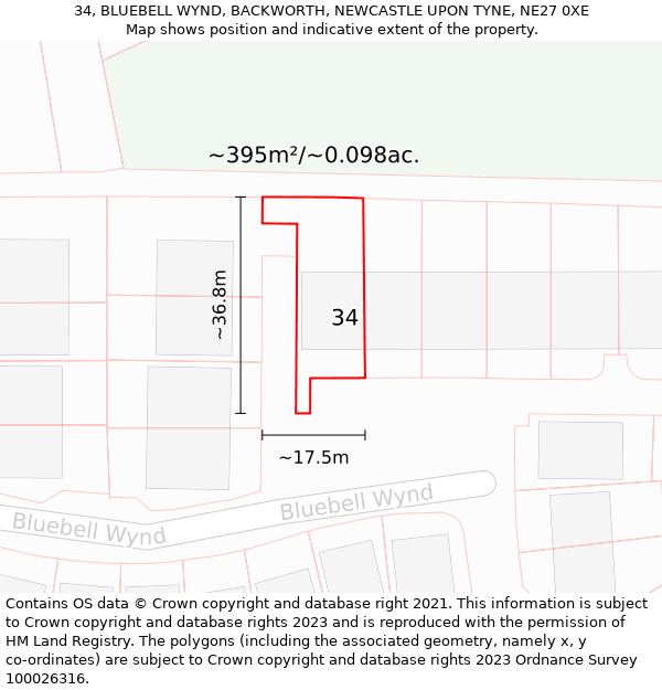 34, BLUEBELL WYND, BACKWORTH, NEWCASTLE UPON TYNE, NE27 0XE: Plot and title map