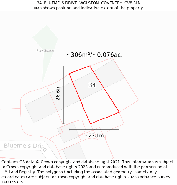 34, BLUEMELS DRIVE, WOLSTON, COVENTRY, CV8 3LN: Plot and title map