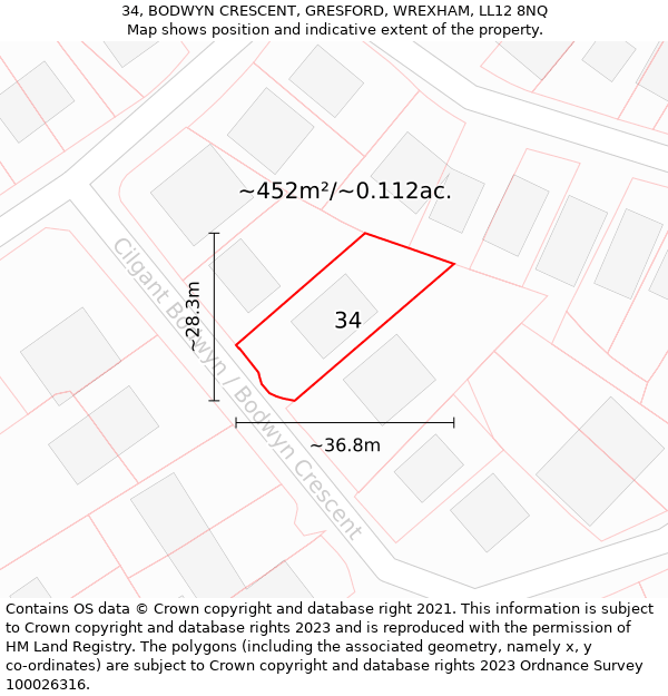 34, BODWYN CRESCENT, GRESFORD, WREXHAM, LL12 8NQ: Plot and title map