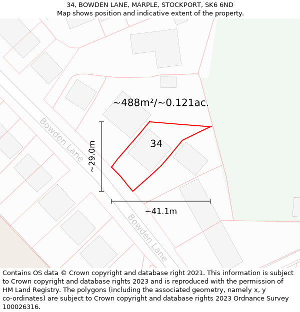 34, BOWDEN LANE, MARPLE, STOCKPORT, SK6 6ND: Plot and title map