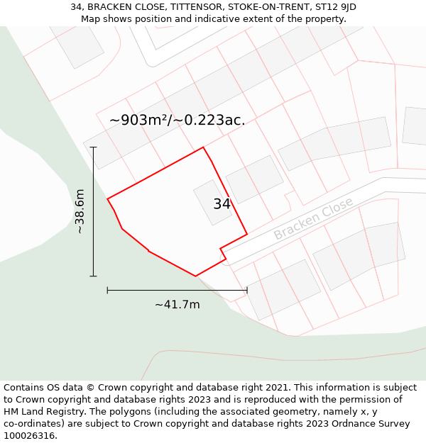 34, BRACKEN CLOSE, TITTENSOR, STOKE-ON-TRENT, ST12 9JD: Plot and title map