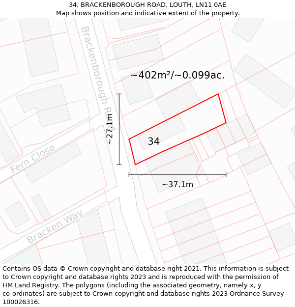 34, BRACKENBOROUGH ROAD, LOUTH, LN11 0AE: Plot and title map