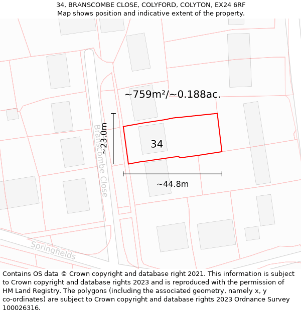 34, BRANSCOMBE CLOSE, COLYFORD, COLYTON, EX24 6RF: Plot and title map