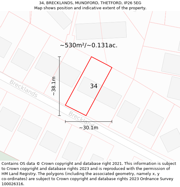 34, BRECKLANDS, MUNDFORD, THETFORD, IP26 5EG: Plot and title map