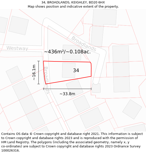 34, BROADLANDS, KEIGHLEY, BD20 6HX: Plot and title map