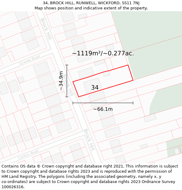 34, BROCK HILL, RUNWELL, WICKFORD, SS11 7NJ: Plot and title map