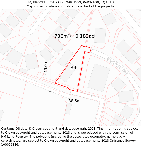 34, BROCKHURST PARK, MARLDON, PAIGNTON, TQ3 1LB: Plot and title map