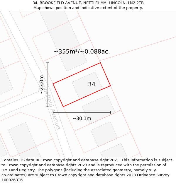 34, BROOKFIELD AVENUE, NETTLEHAM, LINCOLN, LN2 2TB: Plot and title map