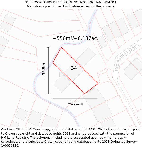 34, BROOKLANDS DRIVE, GEDLING, NOTTINGHAM, NG4 3GU: Plot and title map