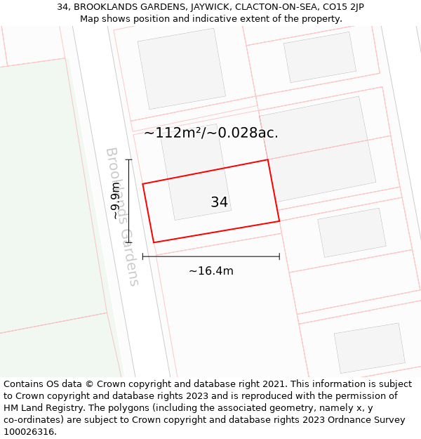 34, BROOKLANDS GARDENS, JAYWICK, CLACTON-ON-SEA, CO15 2JP: Plot and title map