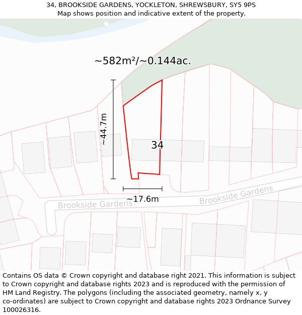 34, BROOKSIDE GARDENS, YOCKLETON, SHREWSBURY, SY5 9PS: Plot and title map