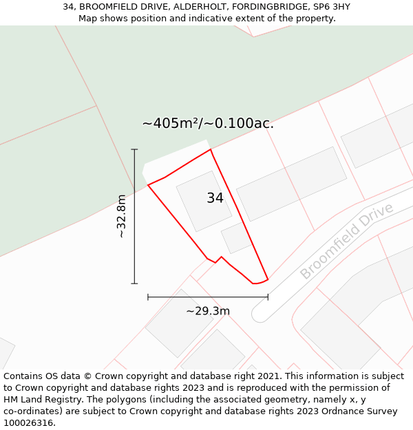 34, BROOMFIELD DRIVE, ALDERHOLT, FORDINGBRIDGE, SP6 3HY: Plot and title map