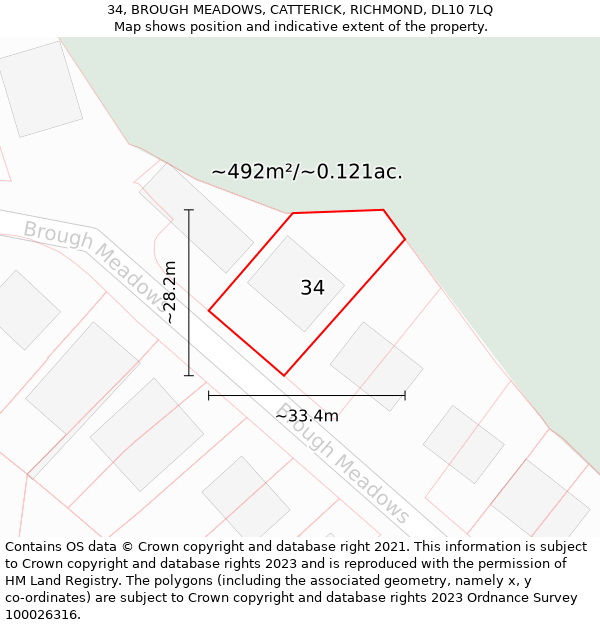 34, BROUGH MEADOWS, CATTERICK, RICHMOND, DL10 7LQ: Plot and title map