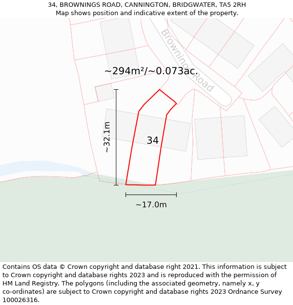 34, BROWNINGS ROAD, CANNINGTON, BRIDGWATER, TA5 2RH: Plot and title map