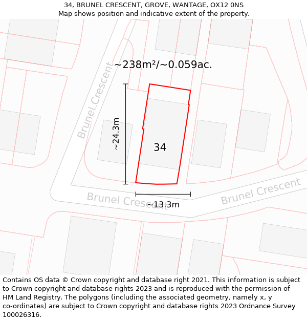 34, BRUNEL CRESCENT, GROVE, WANTAGE, OX12 0NS: Plot and title map