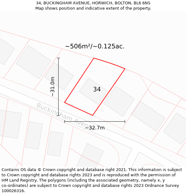 34, BUCKINGHAM AVENUE, HORWICH, BOLTON, BL6 6NS: Plot and title map