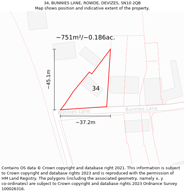 34, BUNNIES LANE, ROWDE, DEVIZES, SN10 2QB: Plot and title map