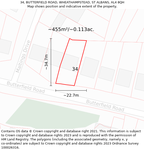 34, BUTTERFIELD ROAD, WHEATHAMPSTEAD, ST ALBANS, AL4 8QH: Plot and title map