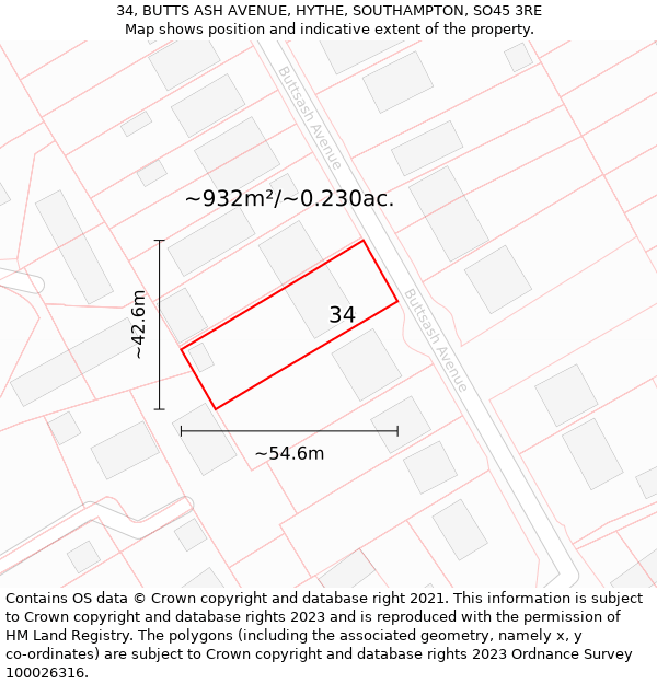 34, BUTTS ASH AVENUE, HYTHE, SOUTHAMPTON, SO45 3RE: Plot and title map