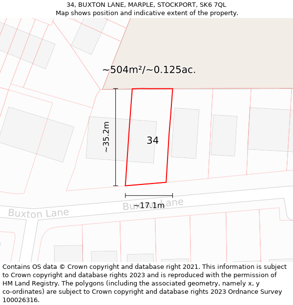 34, BUXTON LANE, MARPLE, STOCKPORT, SK6 7QL: Plot and title map