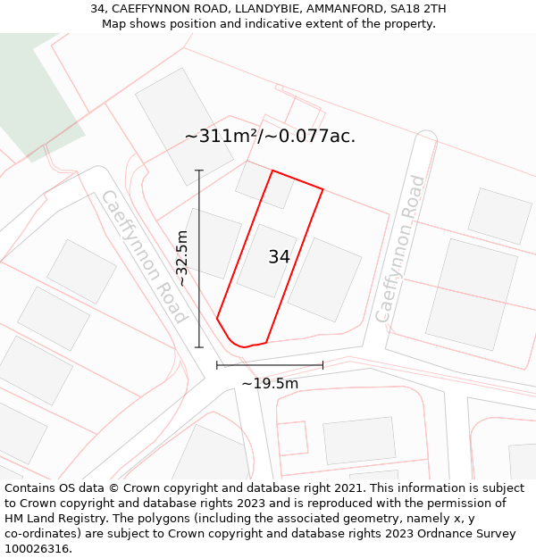 34, CAEFFYNNON ROAD, LLANDYBIE, AMMANFORD, SA18 2TH: Plot and title map