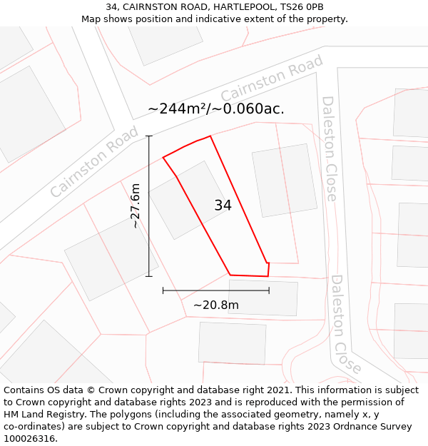 34, CAIRNSTON ROAD, HARTLEPOOL, TS26 0PB: Plot and title map