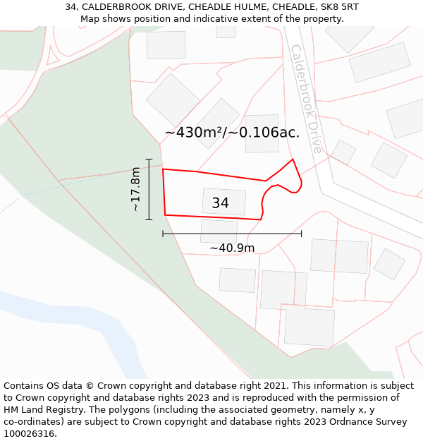 34, CALDERBROOK DRIVE, CHEADLE HULME, CHEADLE, SK8 5RT: Plot and title map