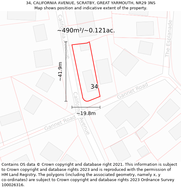 34, CALIFORNIA AVENUE, SCRATBY, GREAT YARMOUTH, NR29 3NS: Plot and title map