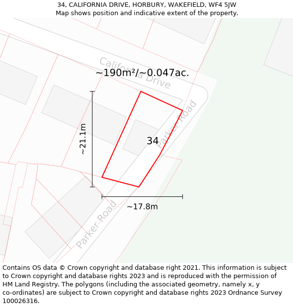 34, CALIFORNIA DRIVE, HORBURY, WAKEFIELD, WF4 5JW: Plot and title map